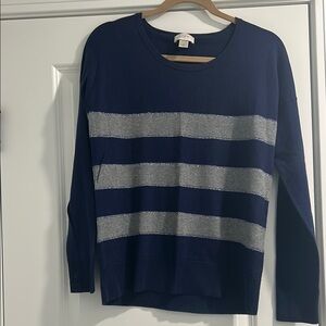 LOFT Navy and Gray Striped Crewneck Sweater